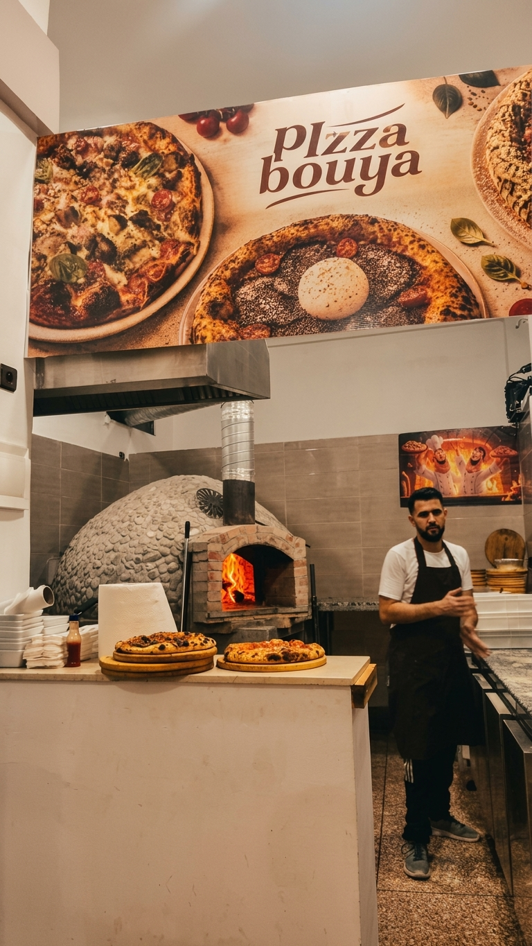 Cozy pizzeria dining room with warm lighting